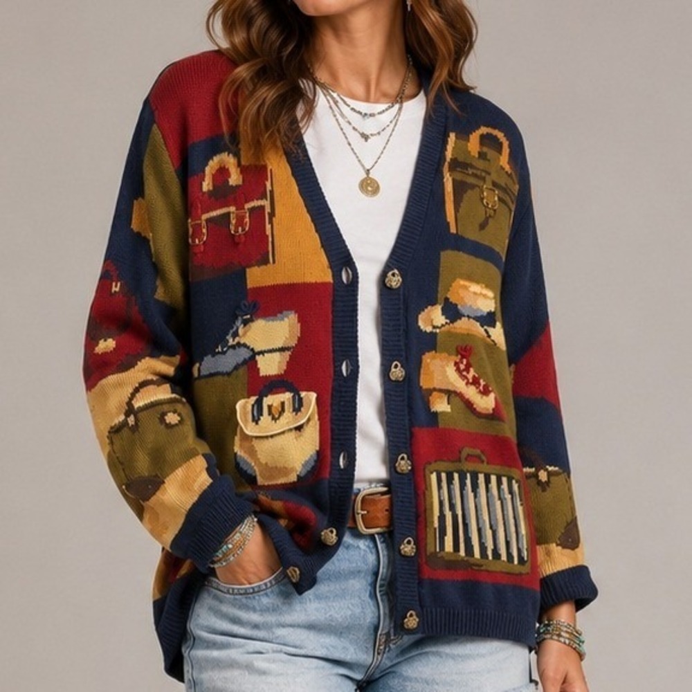 Vintage The Eagle's Eye Novelty Knit Cardigan Sweater M Travel Suitcase Luggage
